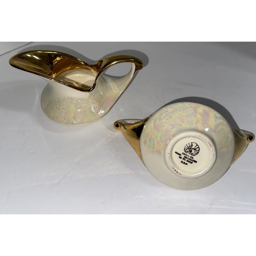 Vtg 22 Karat Gold Leaf Creamer & Open Sugar Pearl China Co 1950's Lusterware - Picture 2 of 11